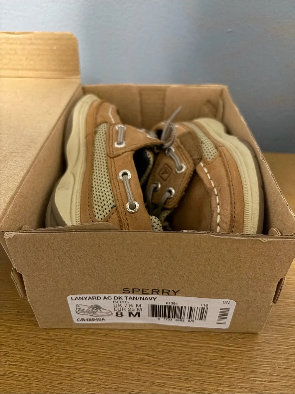 Sperry Toddler Tan Leather Moccasin Boat Shoes with Gray Laces